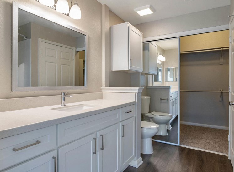 Bathroom with Vanity Lights and Spacious Closet
